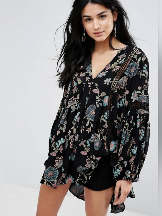 Free People Dresses & Skirts - Free People Just The Two Of Us Top Tunic Dress Black Floral Botanical Women XS
